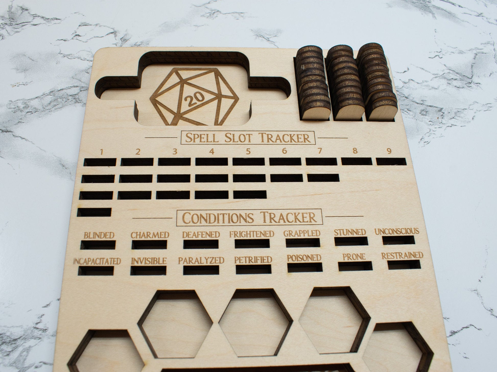 D&D Player's Tray: DnD Dice Tray, Spell Slot Tracker, Conditions Tracker, Phone Holder, and Dice Holder