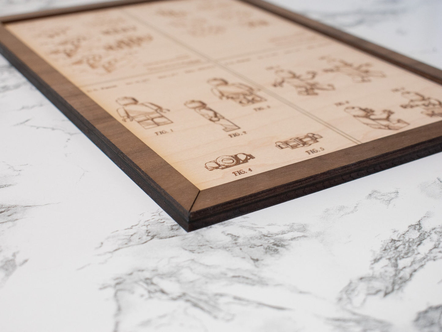 Medium wood engraved patent information and pictures for Lego brick and mini-figs