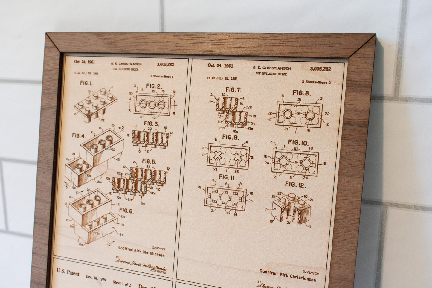 Medium wood engraved patent information and pictures for Lego brick and mini-figs