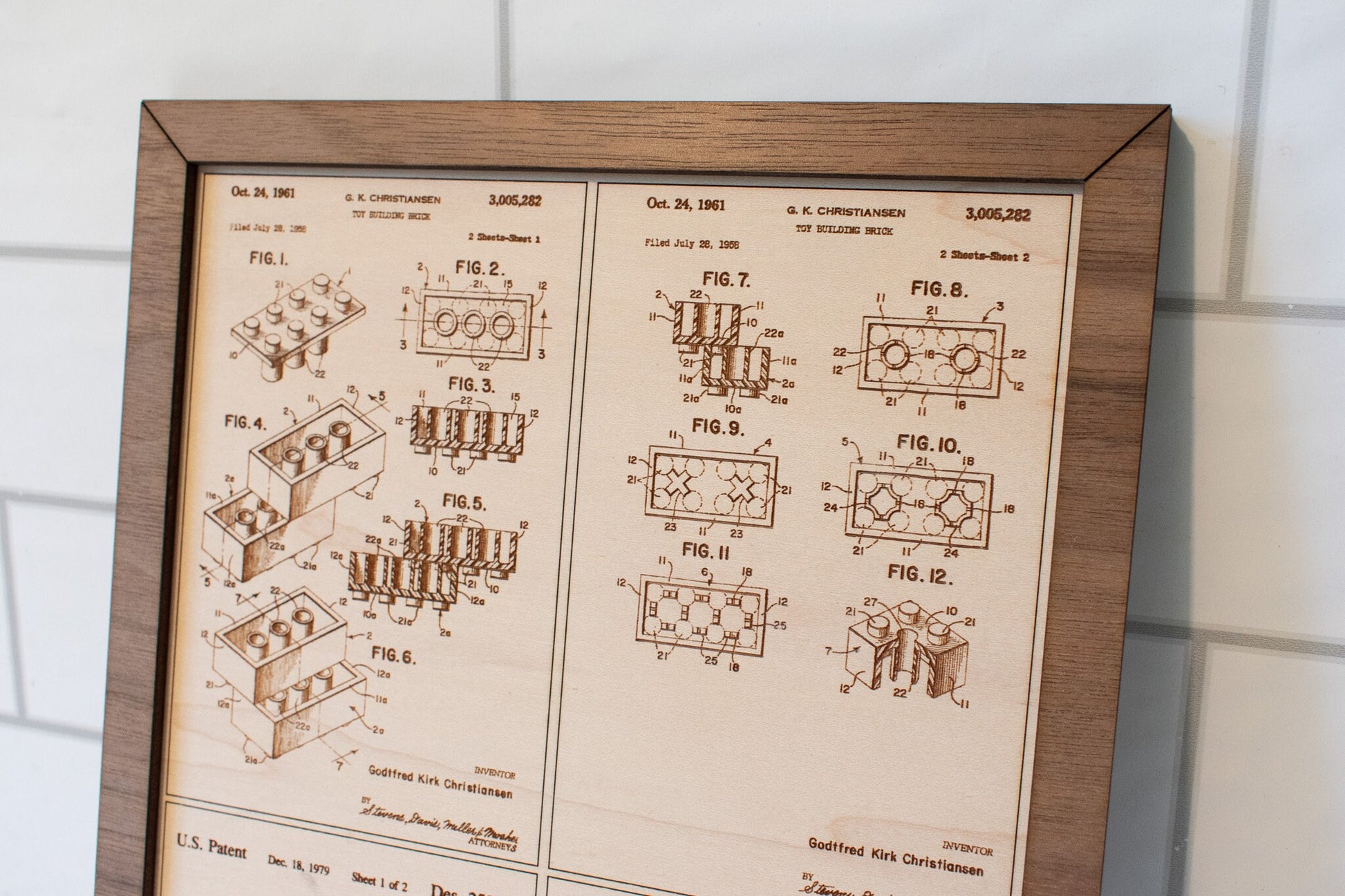 Medium wood engraved patent information and pictures for Lego brick and mini-figs