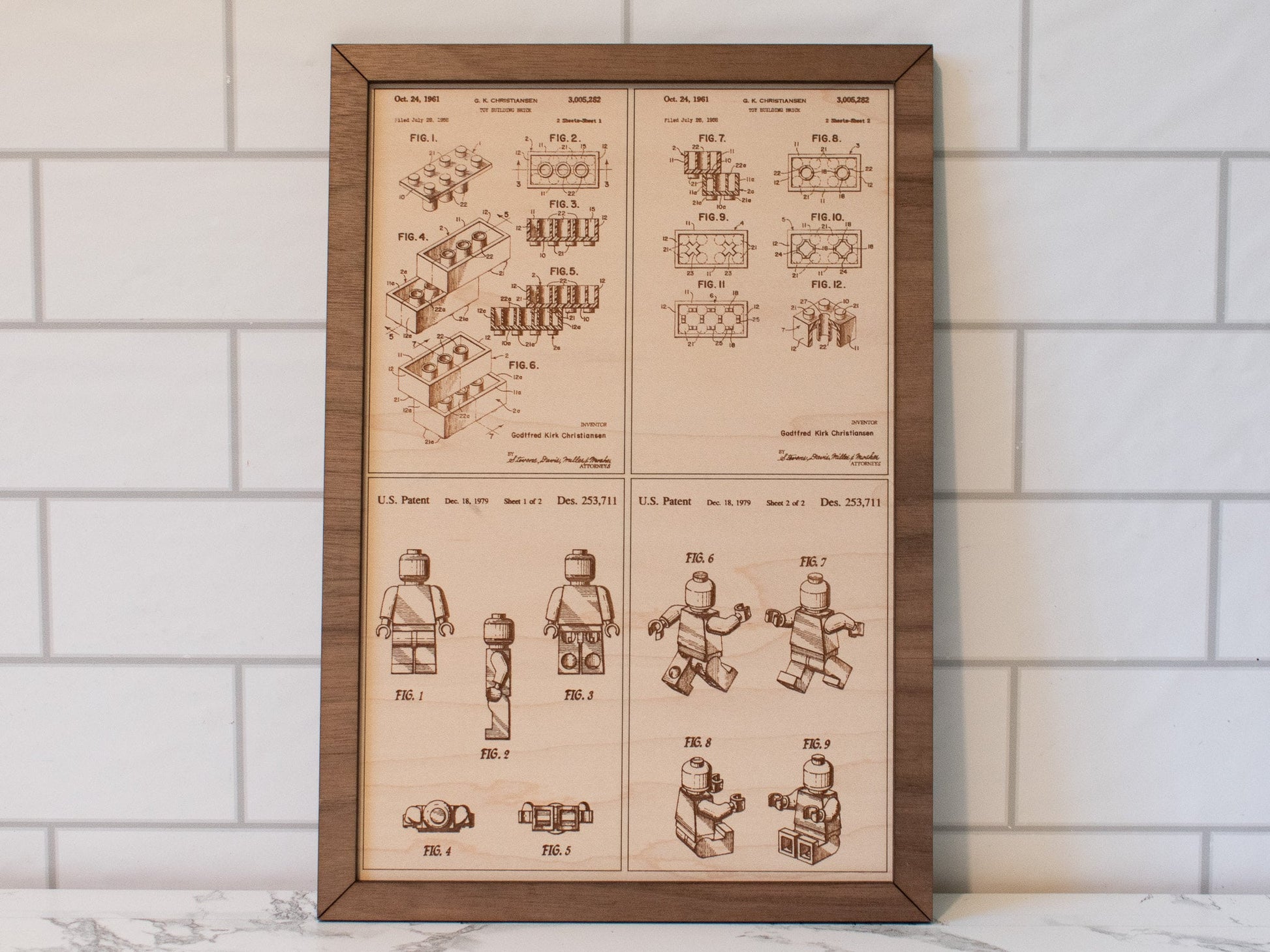 LEGO Wall Art, Lego Patent Display, Wood Engraved Lego Design