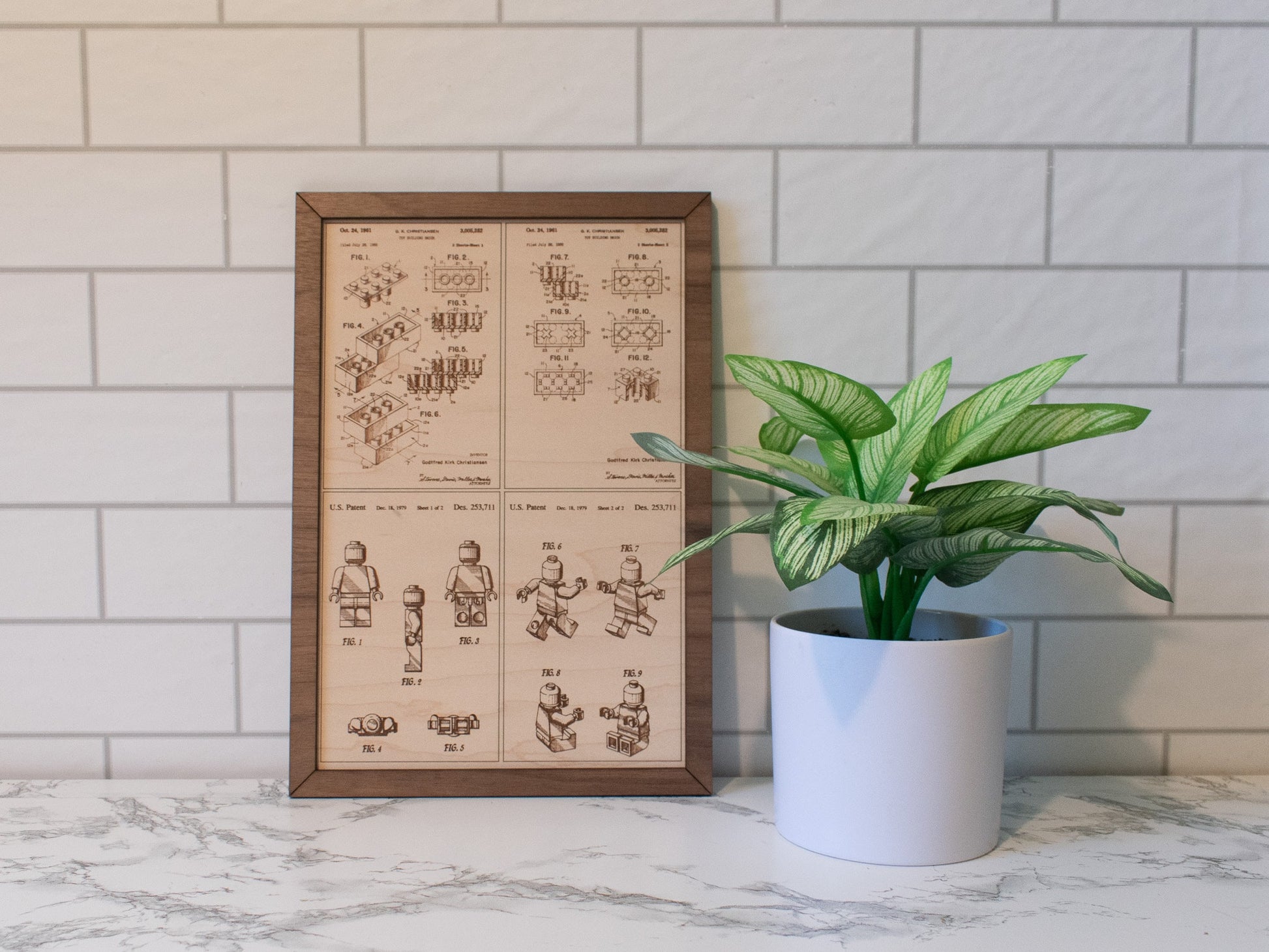 Medium wood engraved patent information and pictures for Lego brick and mini-figs