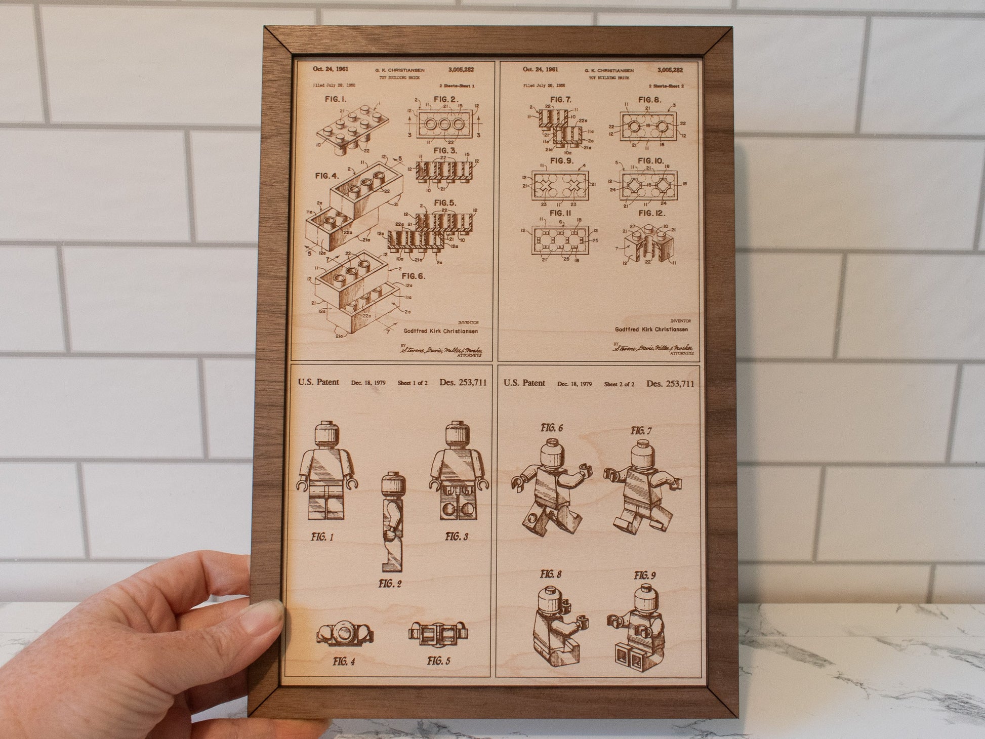Medium wood engraved patent information and pictures for Lego brick and mini-figs