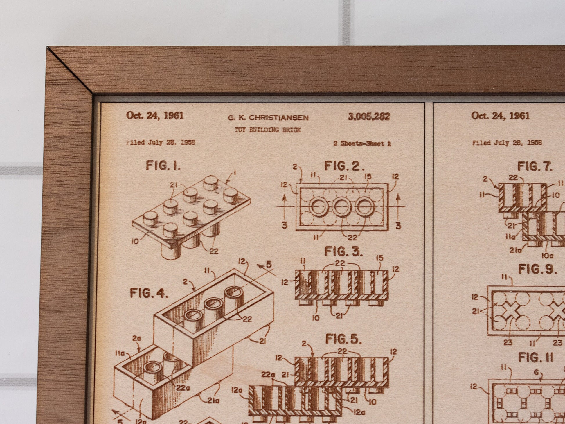 Medium wood engraved patent information and pictures for Lego brick and mini-figs