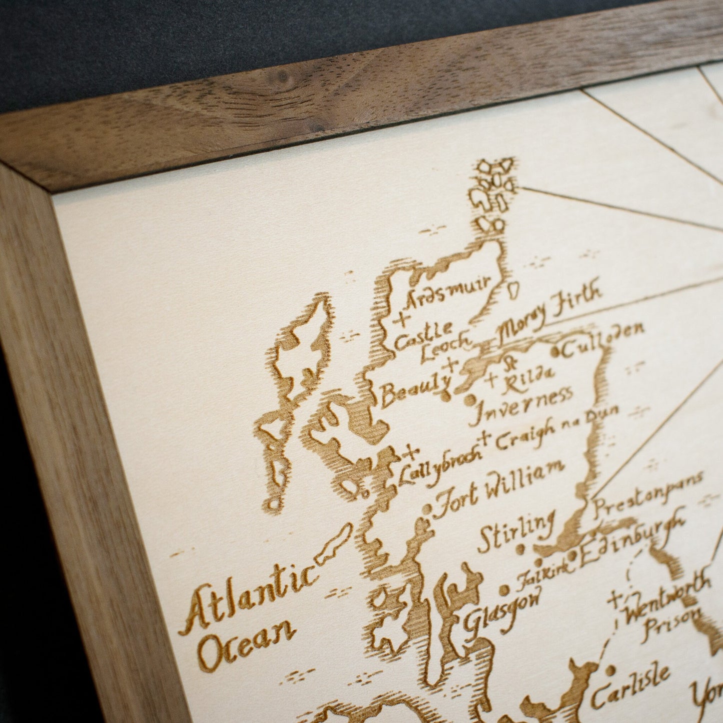 Outlander Map, Wood Engraved Map of Scotland from the World of the Outlander Book/TV Show