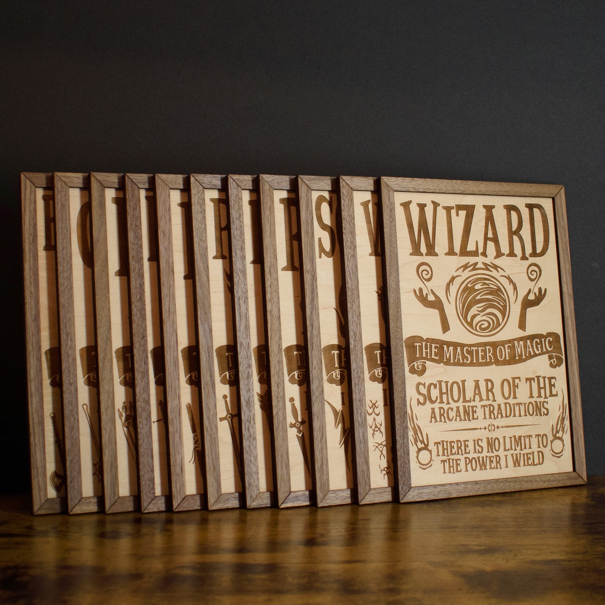 D&D Class Wood Engraved Display, 13 Choices (12 Classes + DM), DnD / Pathfinder / Tabletop RPG Gaming Posters
