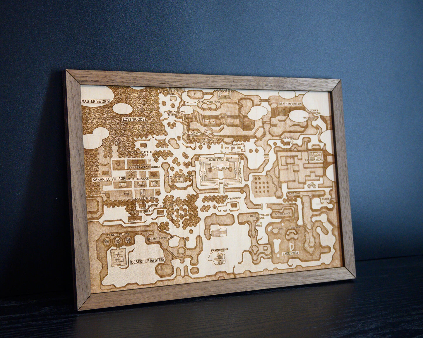 Legend of Zelda Link to the Past Map, Engraved Wood Zelda Poster