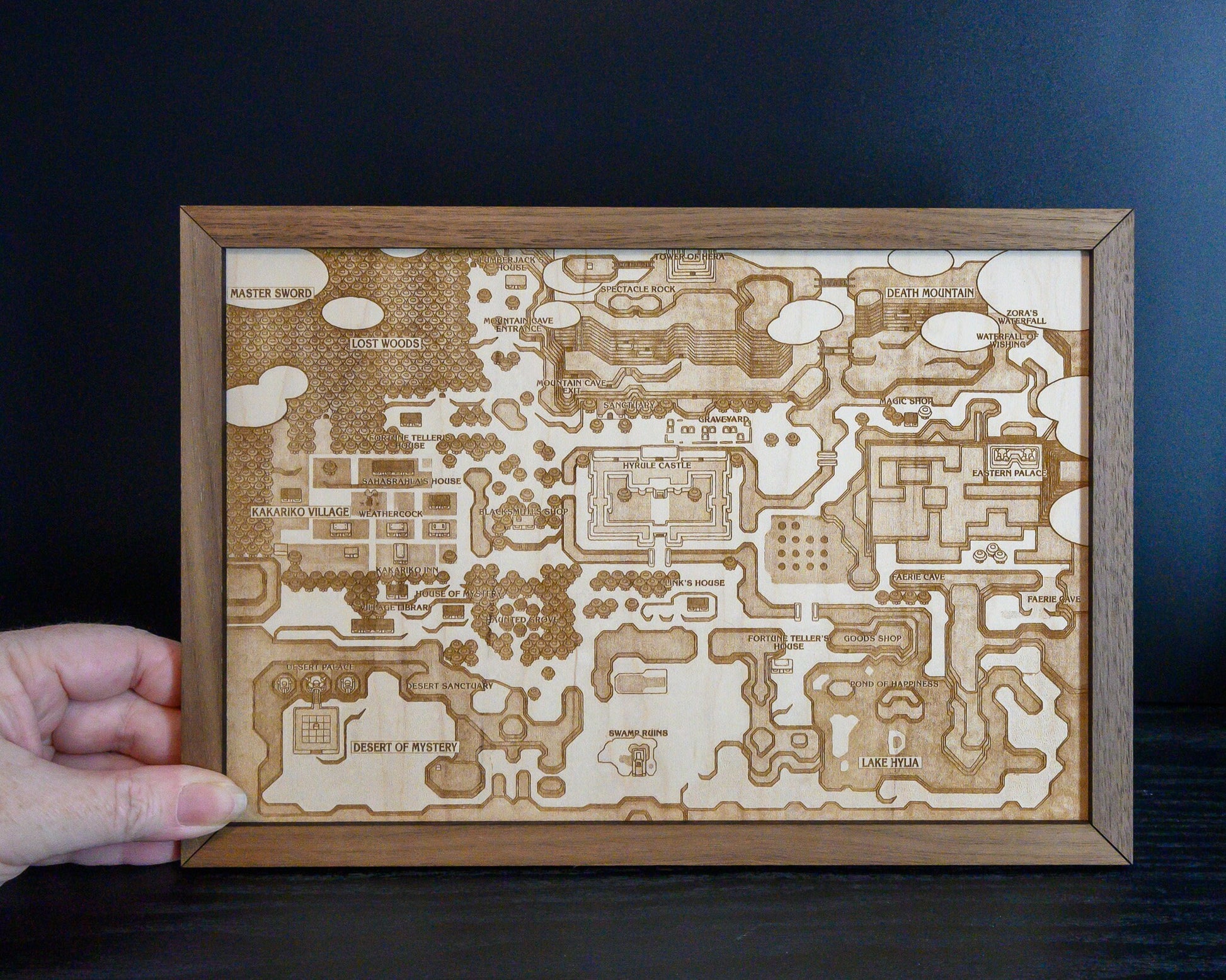 Legend of Zelda Link to the Past Map, Engraved Wood Zelda Poster