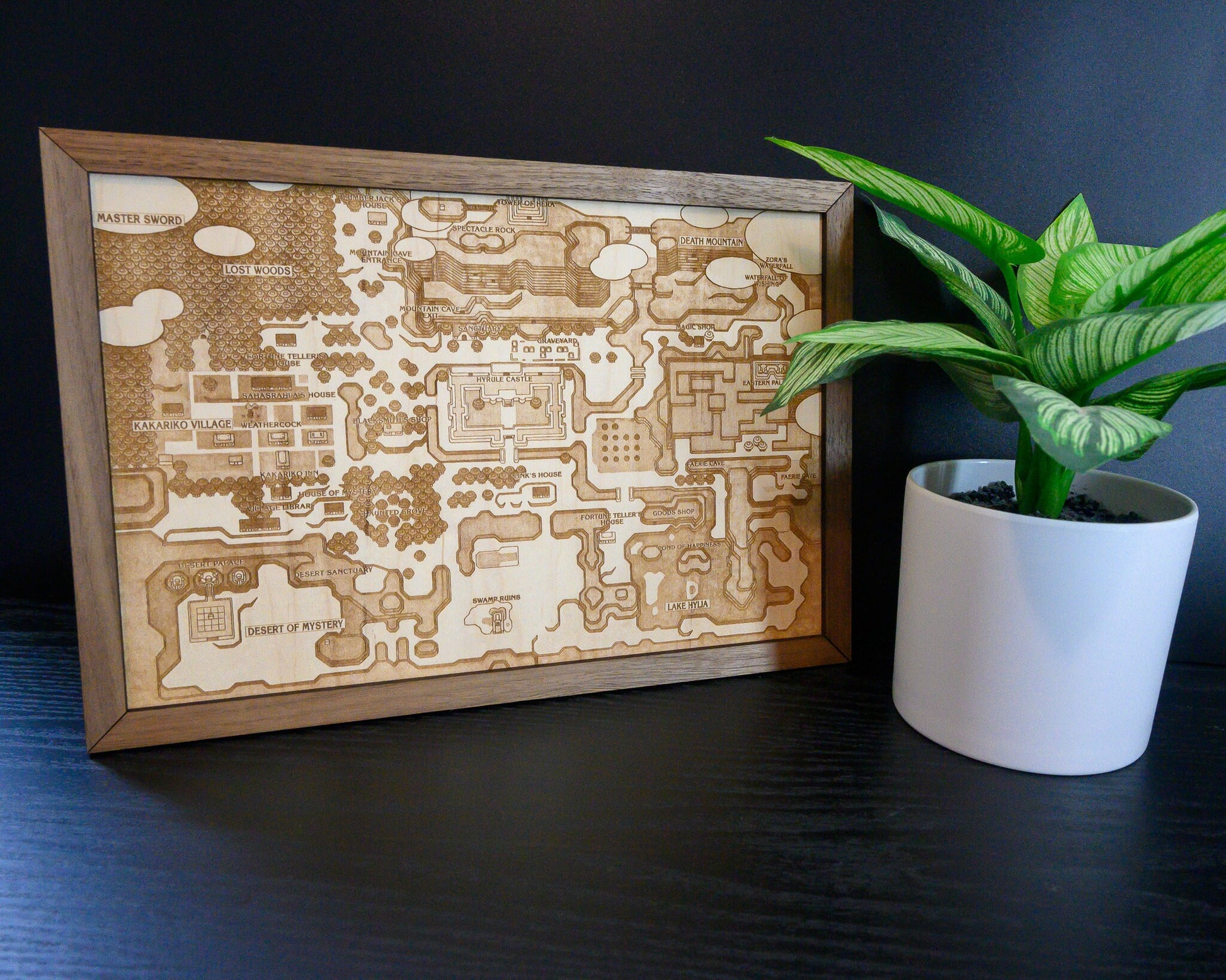 Legend of Zelda Link to the Past Map, Engraved Wood Zelda Poster