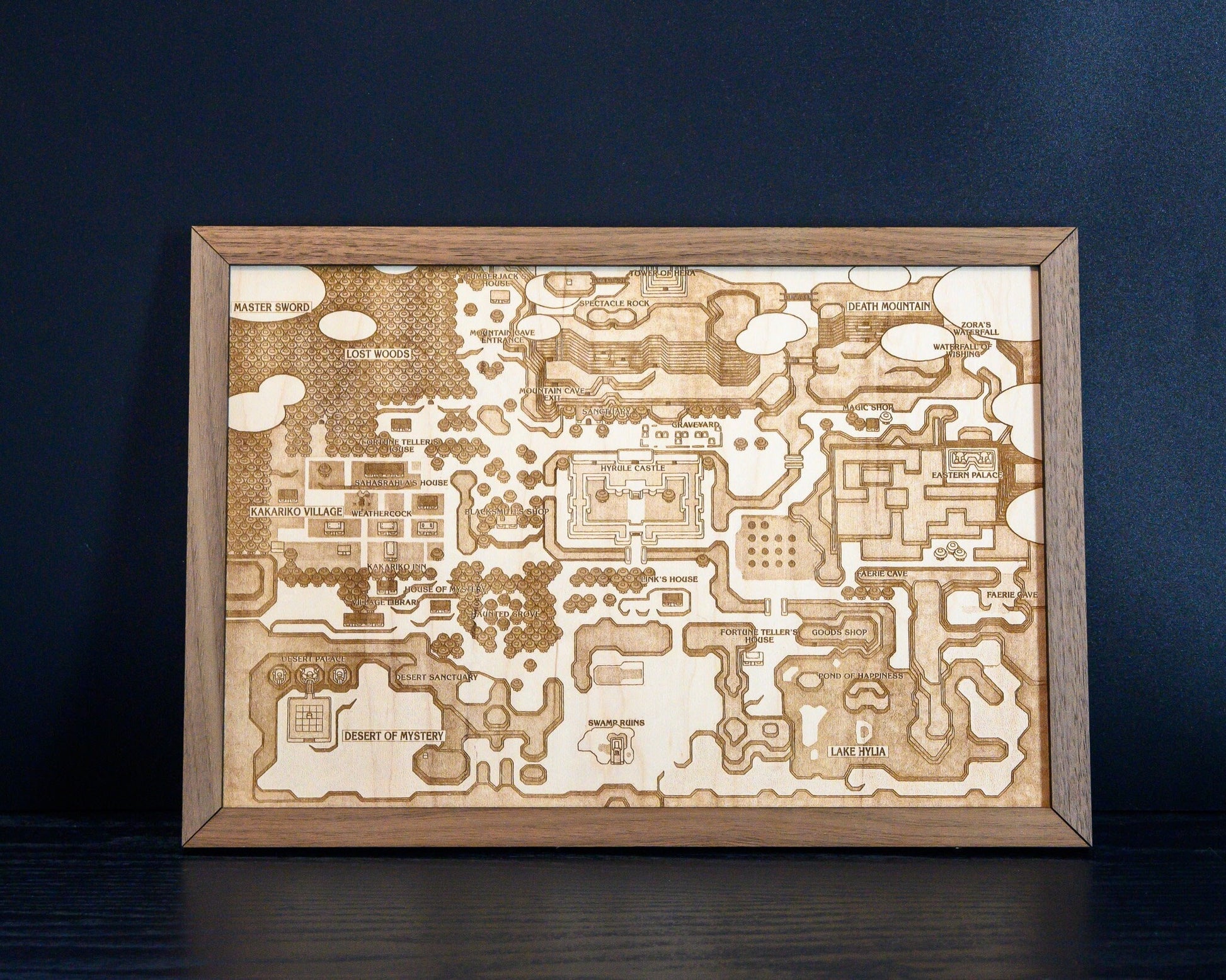Legend of Zelda Link to the Past Map, Engraved Wood Zelda Poster