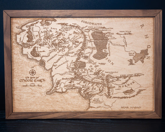 Lord of the Rings Middle Earth Map, Wood Engraved Map of The Hobbit / LOTR