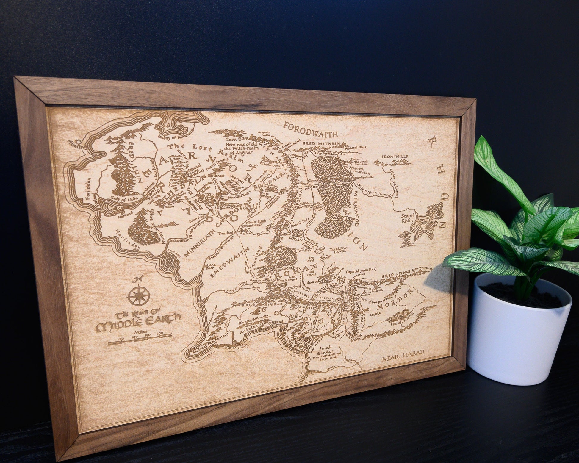 Lord of the Rings Middle Earth Map, Wood Engraved Map of The Hobbit / LOTR