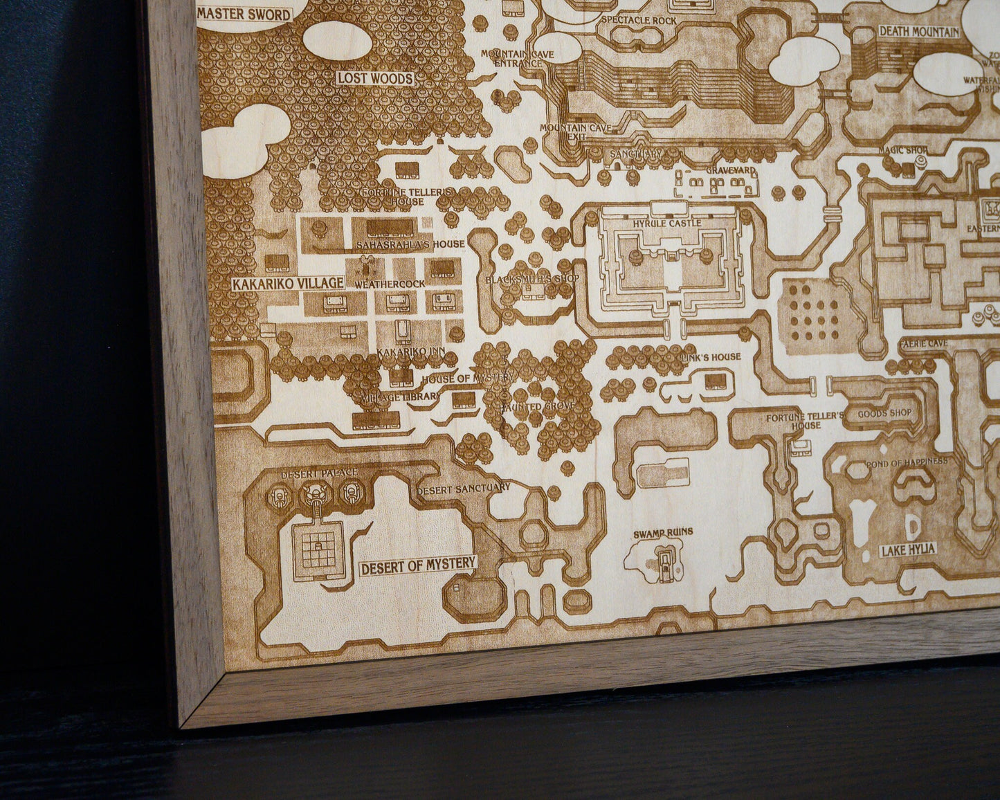 Legend of Zelda Link to the Past Map, Engraved Wood Zelda Poster