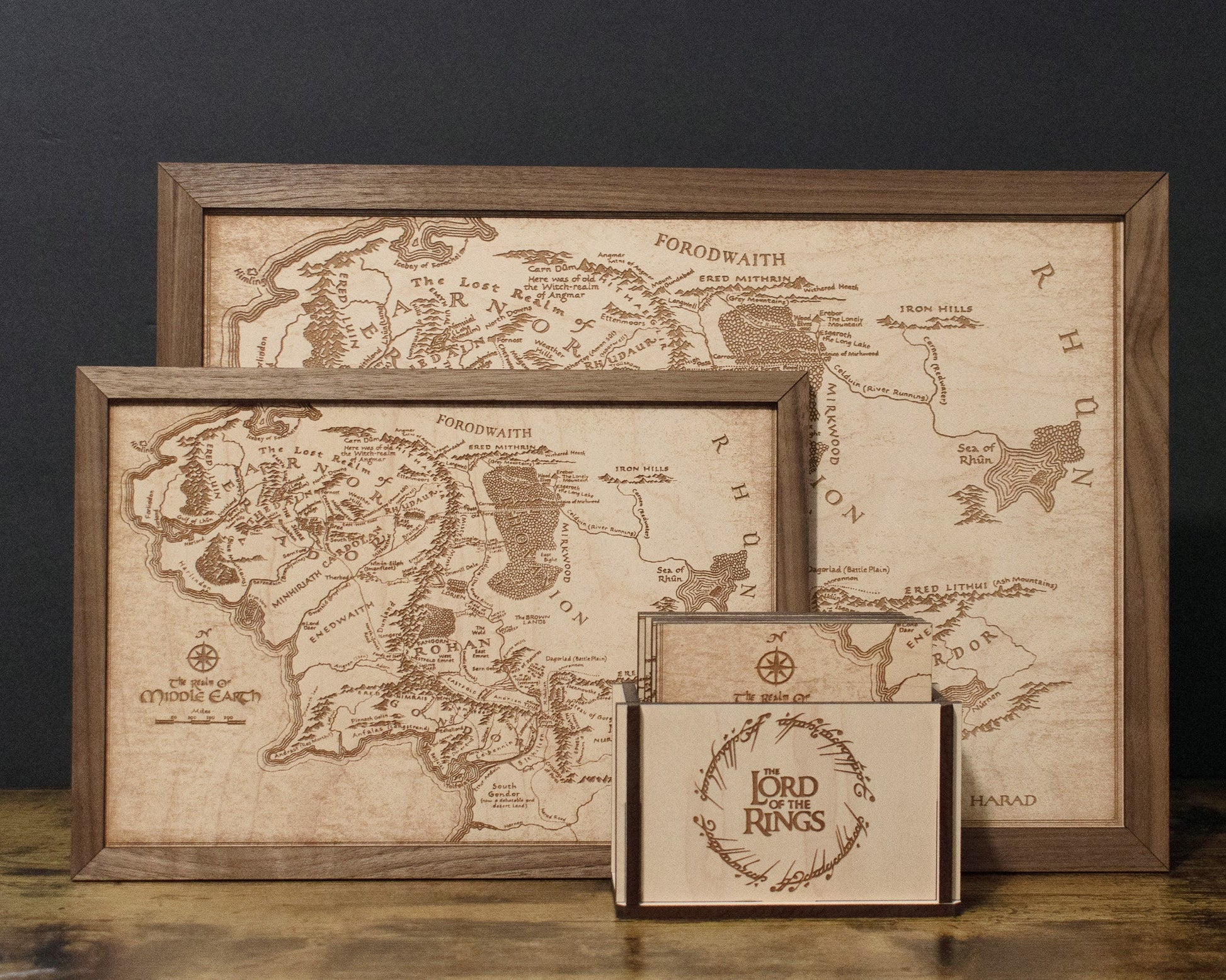 Lord of the Rings Middle Earth Map, Wood Engraved Map of The Hobbit / LOTR