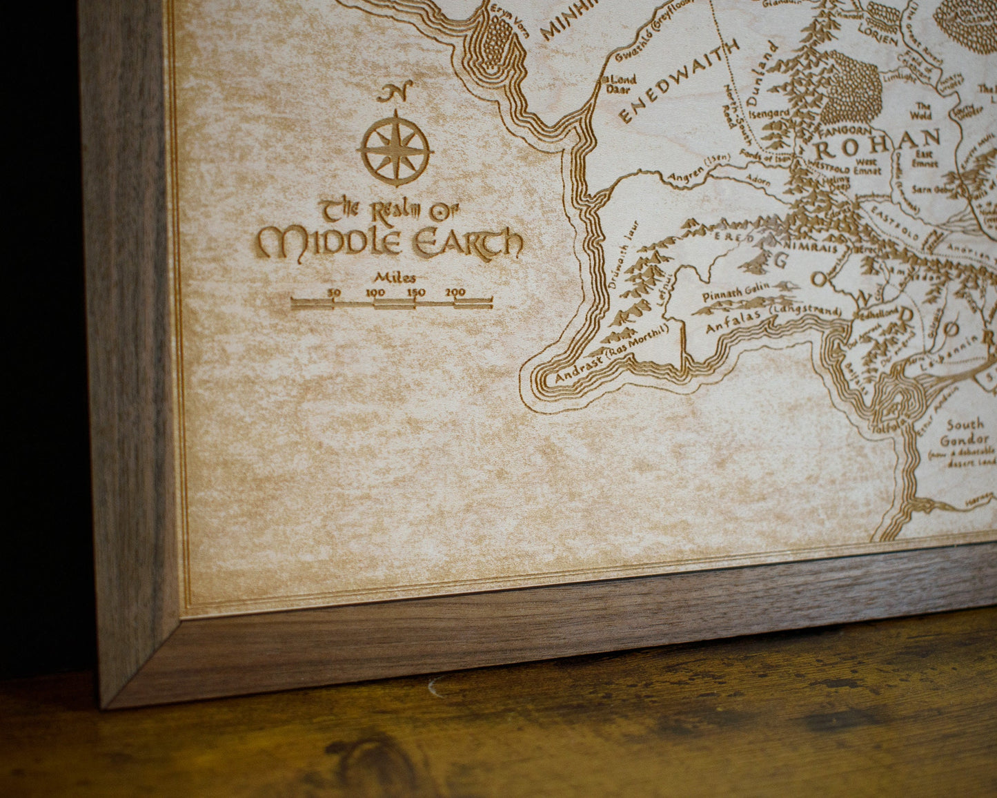 Lord of the Rings Middle Earth Map, Wood Engraved Map of The Hobbit / LOTR