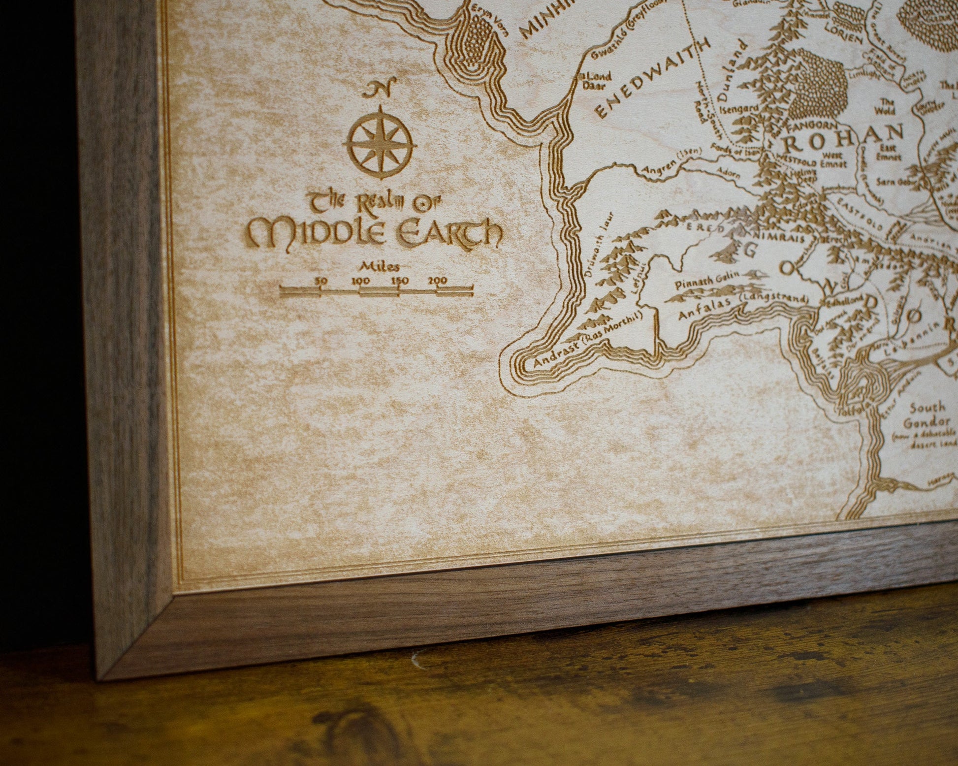 Lord of the Rings Middle Earth Map, Wood Engraved Map of The Hobbit / LOTR