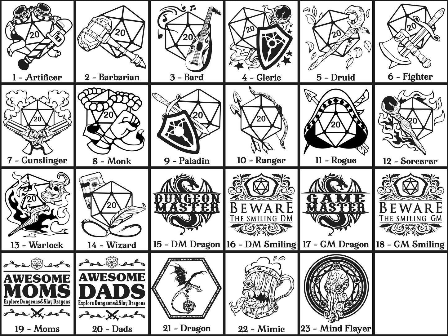 D&D Dice Tray Coasters, 20 Choices (13 Classes + Others), DnD / Pathfinder / Tabletop RPG Gaming Coasters