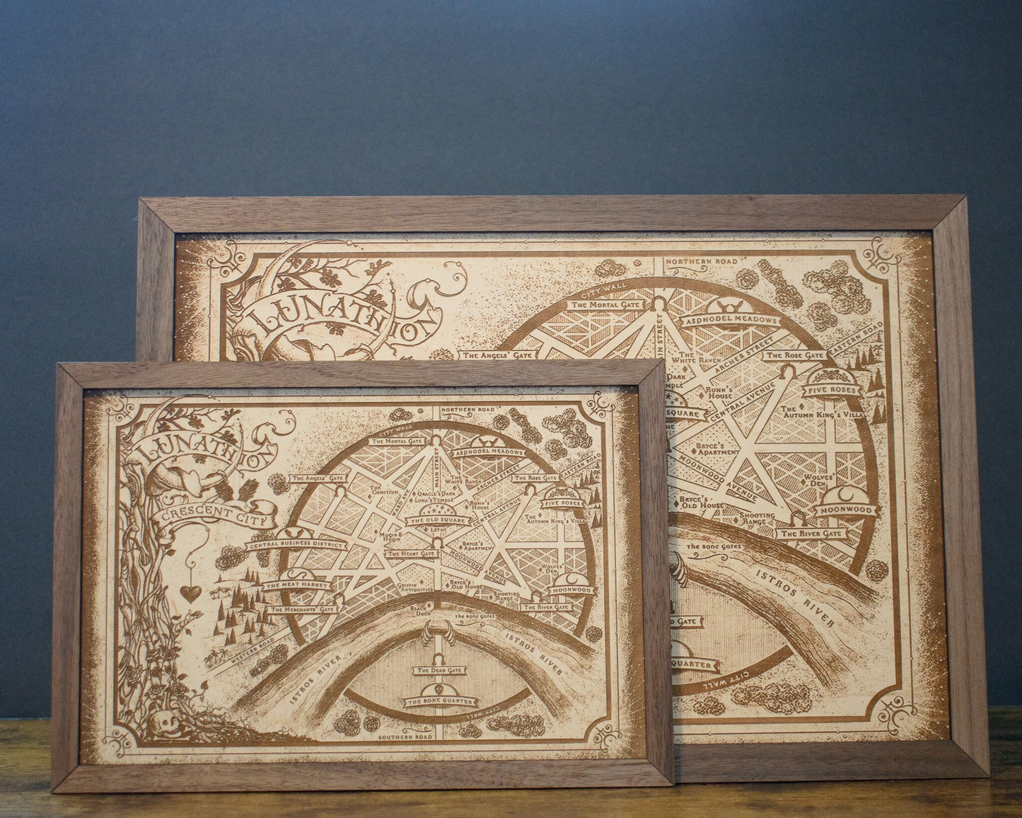 Crescent City Map, Fantasy Wood Engraved Map of Lunathion