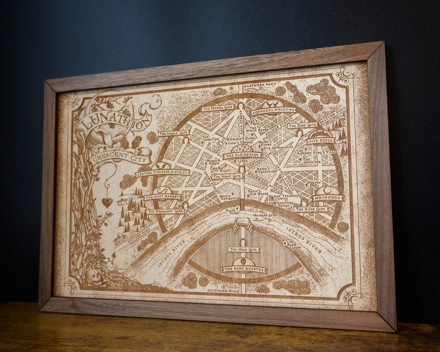 Crescent City Map, Fantasy Wood Engraved Map of Lunathion