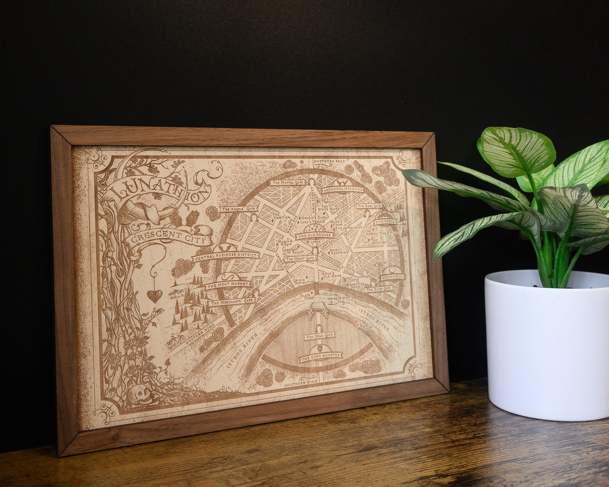 Crescent City Map, Fantasy Wood Engraved Map of Lunathion