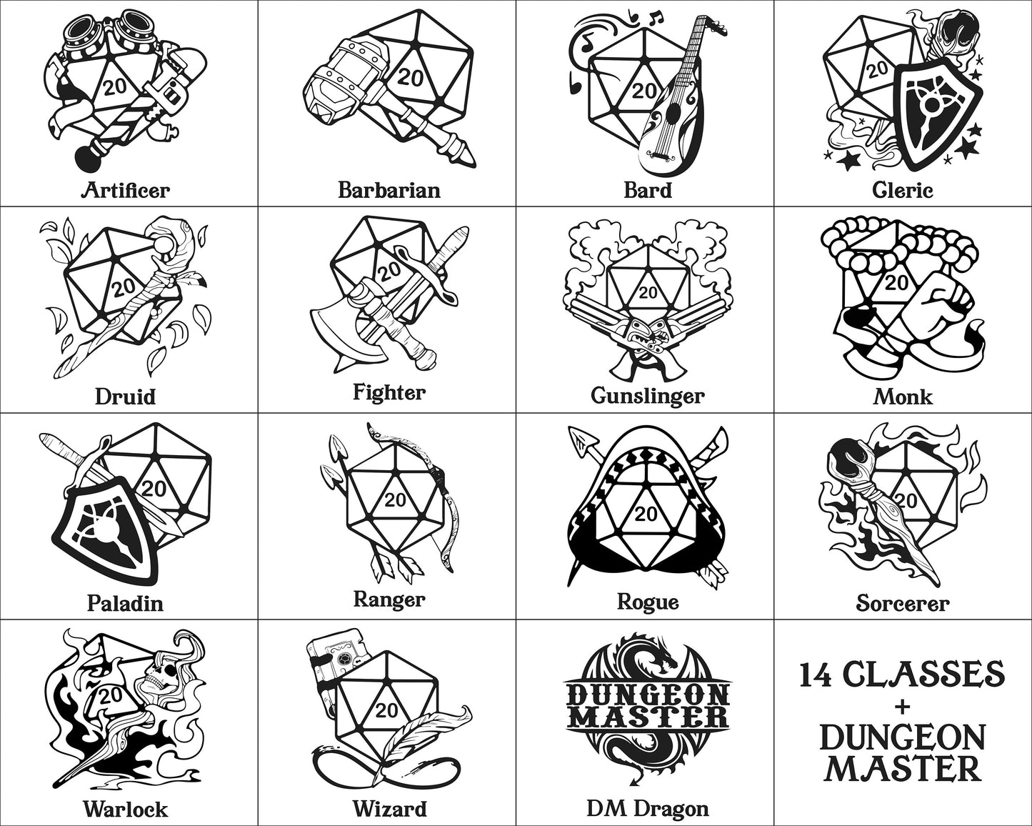 Set of 15 D&D Dice Tray Coasters, 14 Classes + DM