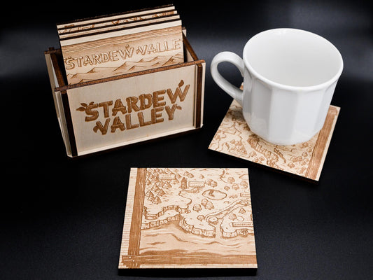 Stardew Valley Coasters: Engraved Wood Pelican Town Map, Set of 6
