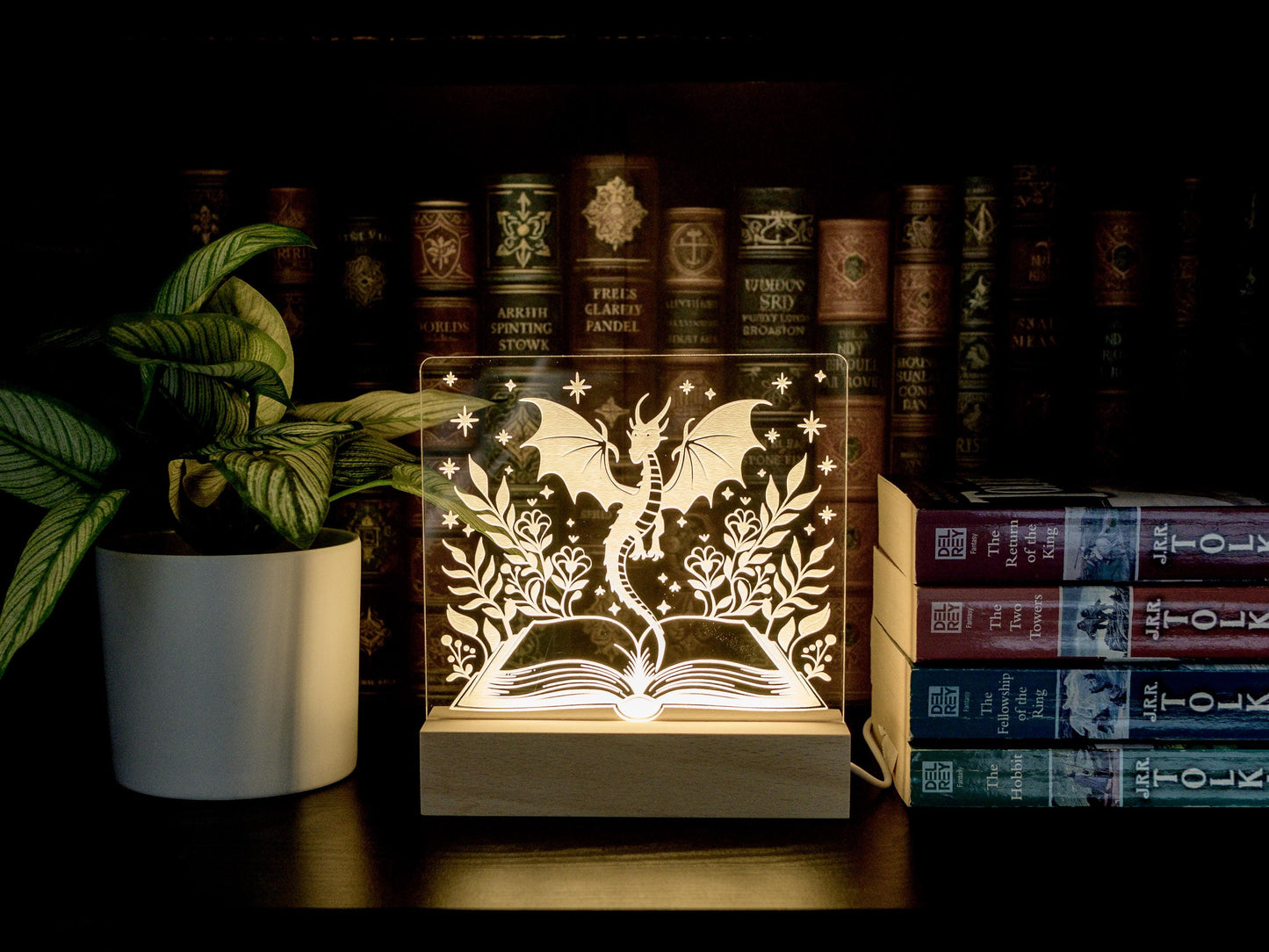 Book Dragon Lighted Sign: Fantasy Bookshelf Decor LED