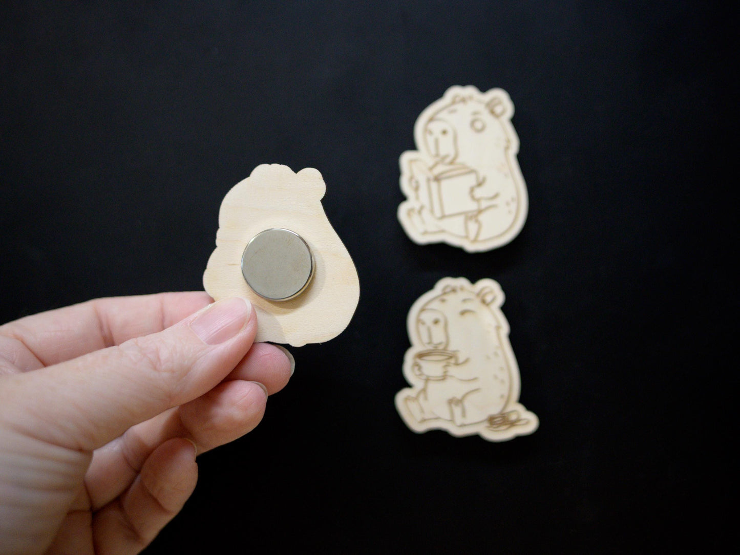 Capybara Wood Magnet Set - Set of 3 - Eating Donut, Reading Book, Sleeping - Cute Animal Fridge Decor, Gift for Capybara Lovers