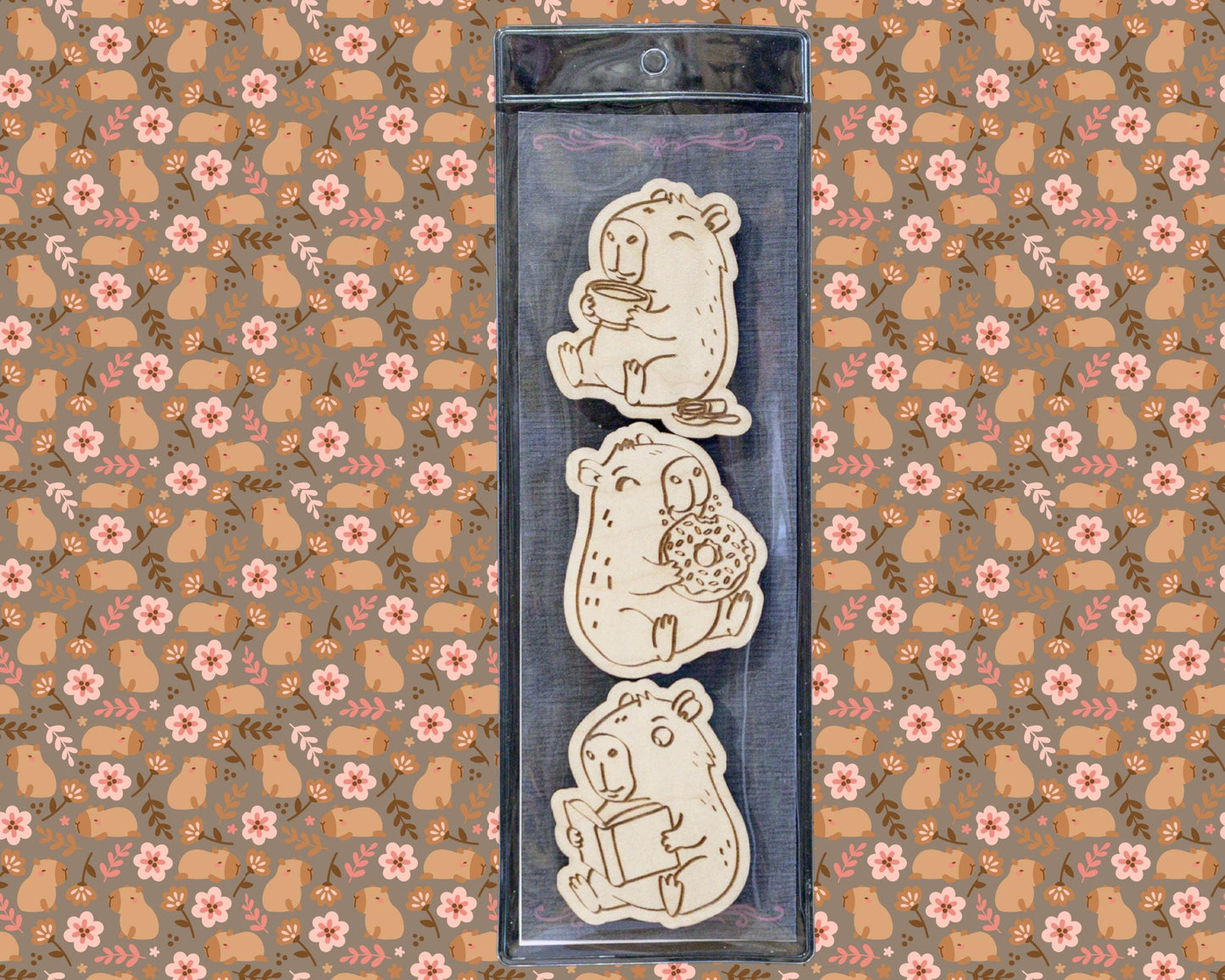 Capybara Wood Magnet Set - Set of 3 - Eating Donut, Reading Book, Sleeping - Cute Animal Fridge Decor, Gift for Capybara Lovers