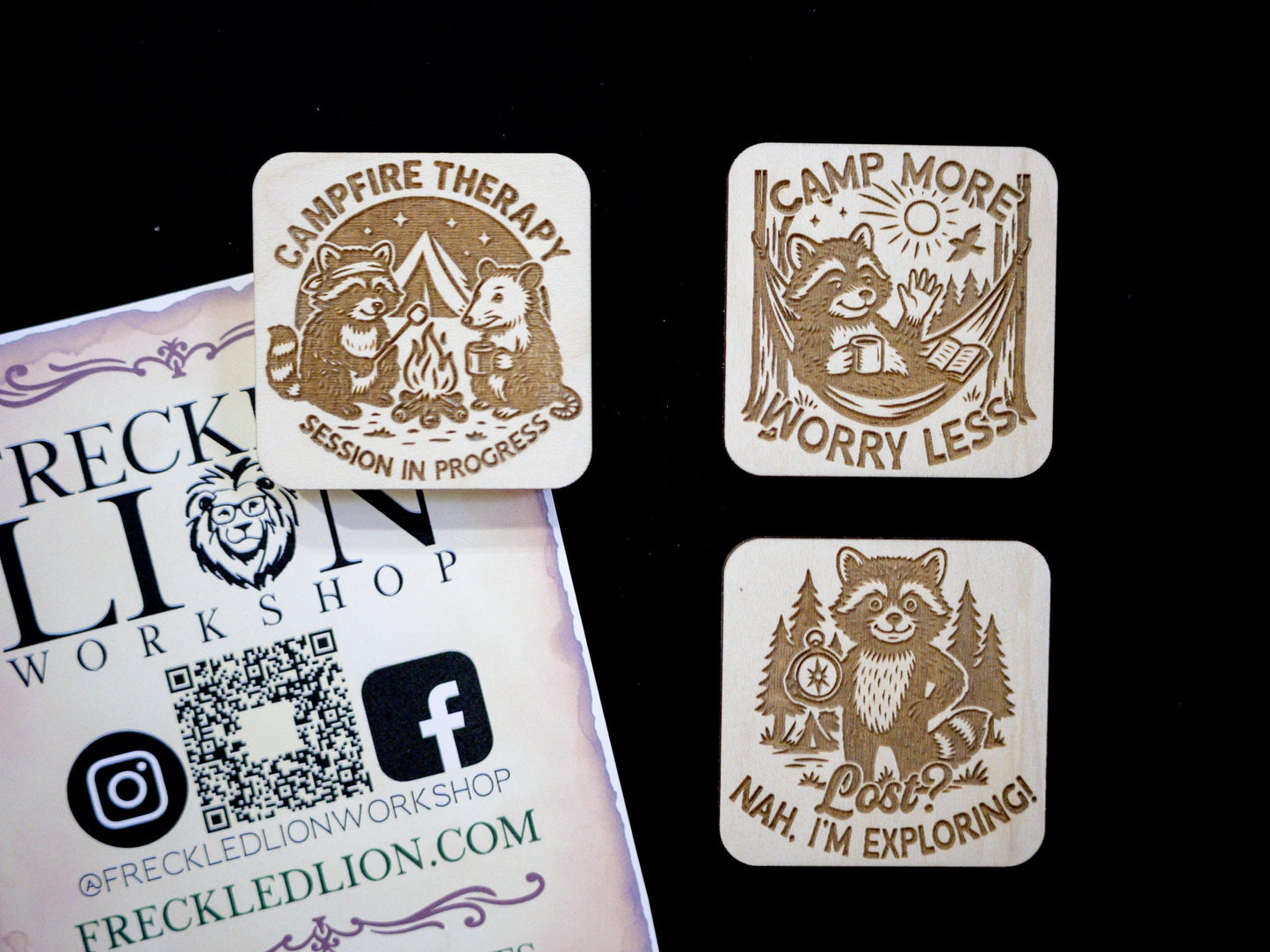 Camping Critters Wood Magnets - Set of 3 - Raccoon and Possum Camping - Trash Panda Fridge Decor