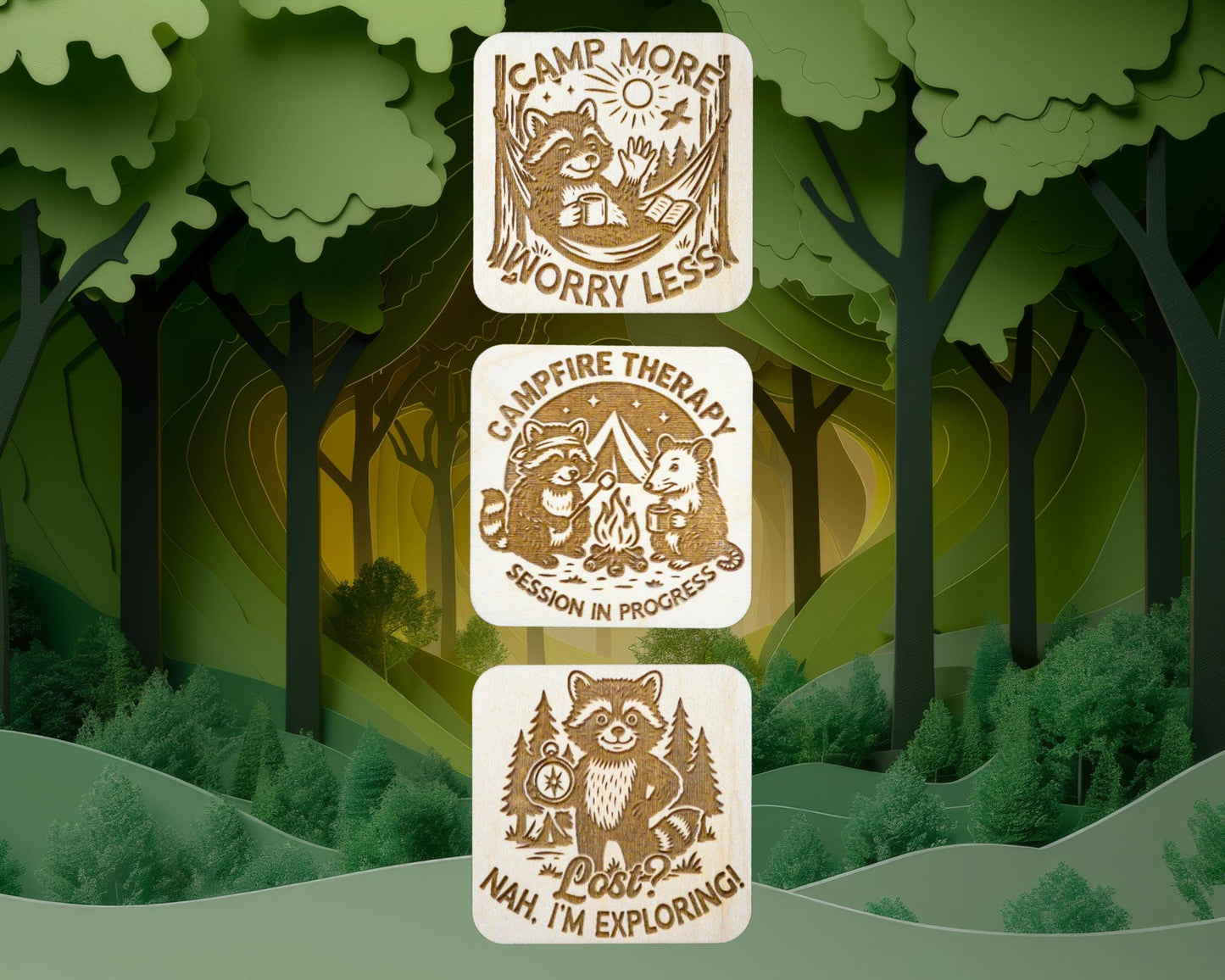 Camping Critters Wood Magnets - Set of 3 - Raccoon and Possum Camping - Trash Panda Fridge Decor