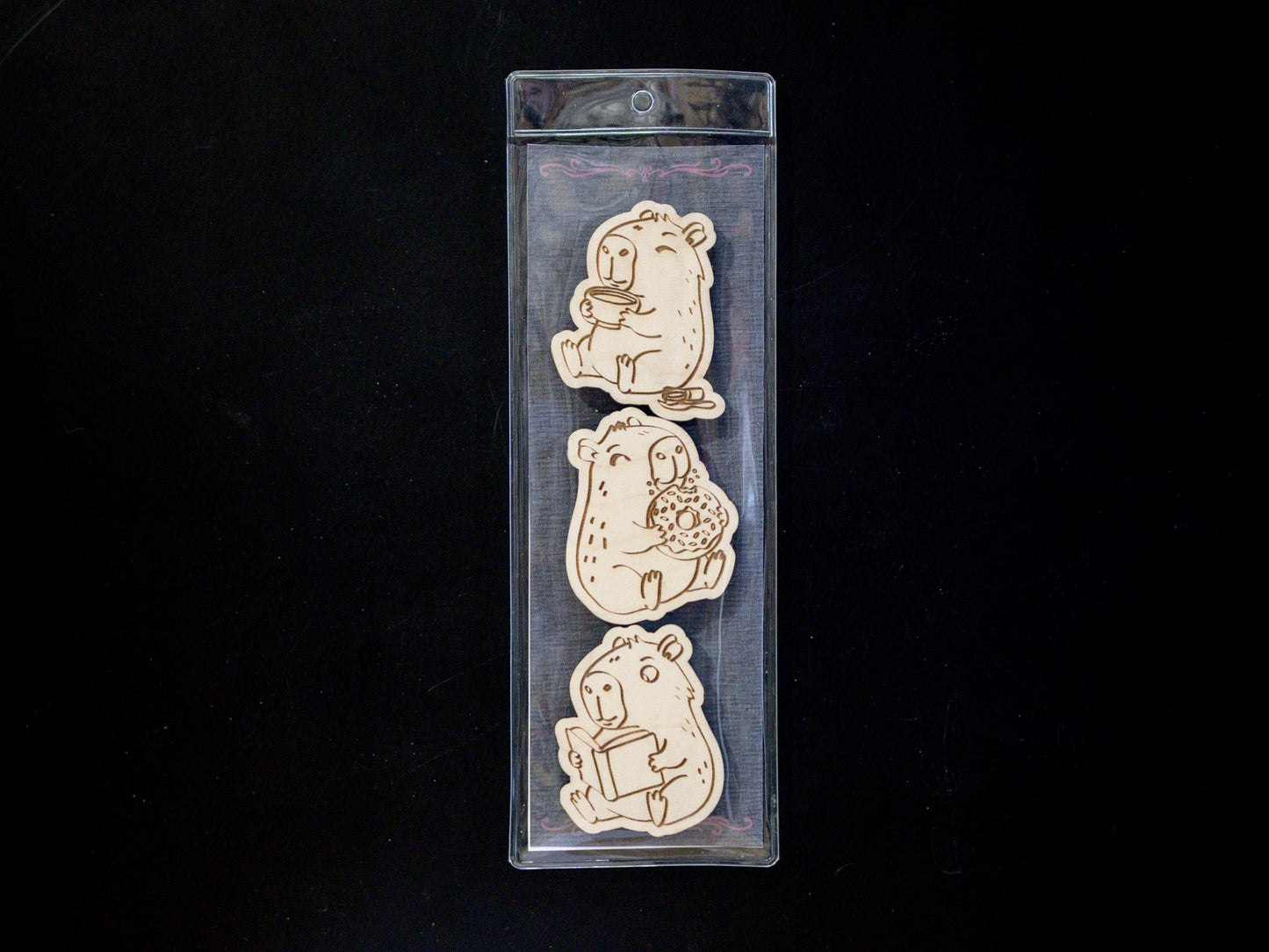 Capybara Wood Magnet Set - Set of 3 - Eating Donut, Reading Book, Sleeping - Cute Animal Fridge Decor, Gift for Capybara Lovers