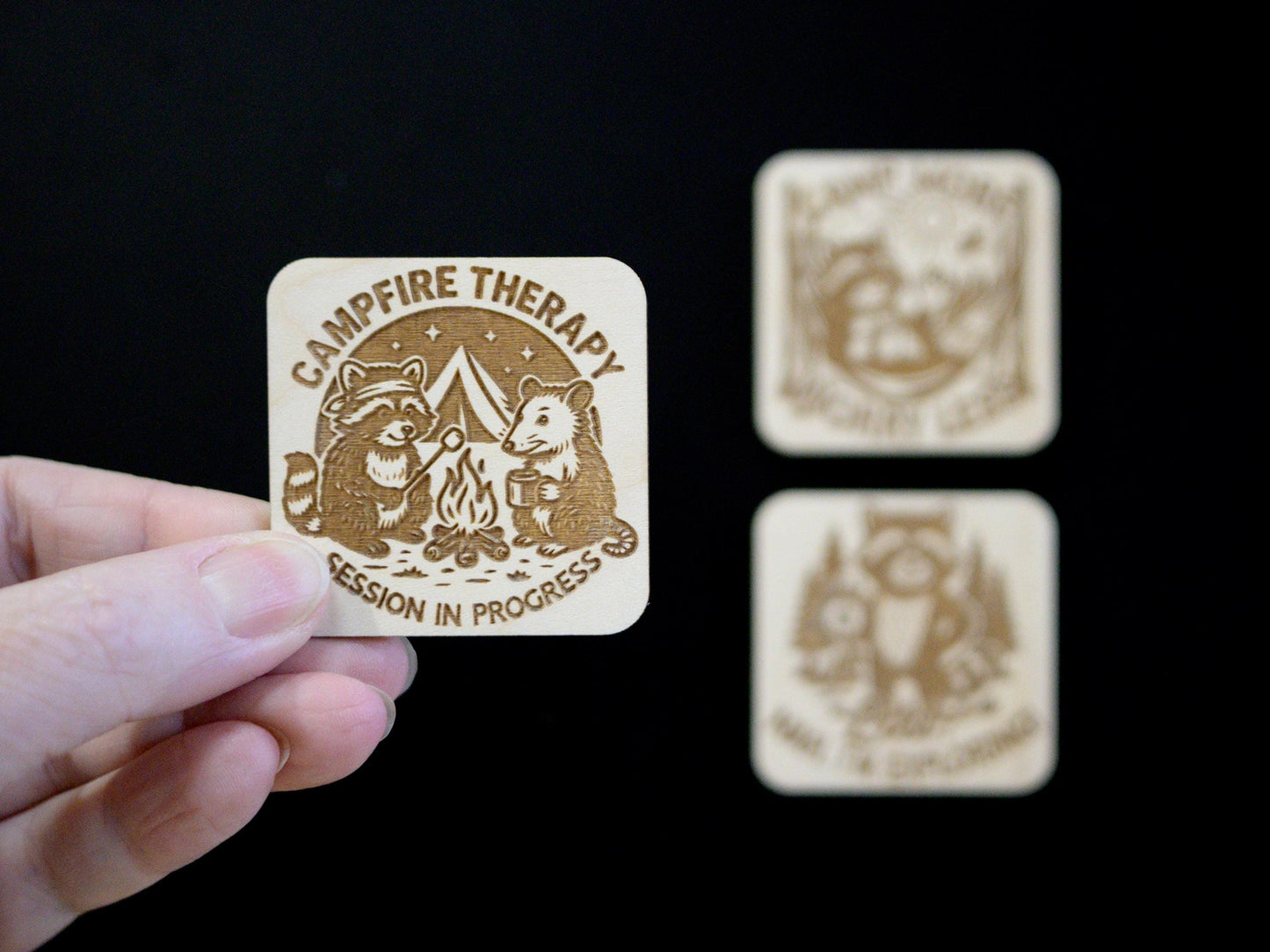 Camping Critters Wood Magnets - Set of 3 - Raccoon and Possum Camping - Trash Panda Fridge Decor