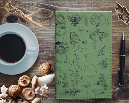 Goblincore Forager's Notebook - Fully Engraved Forest Floor Journal - Refillable 8.5" x 5.25" Vegan Leatherette with Gift Box - Personalized