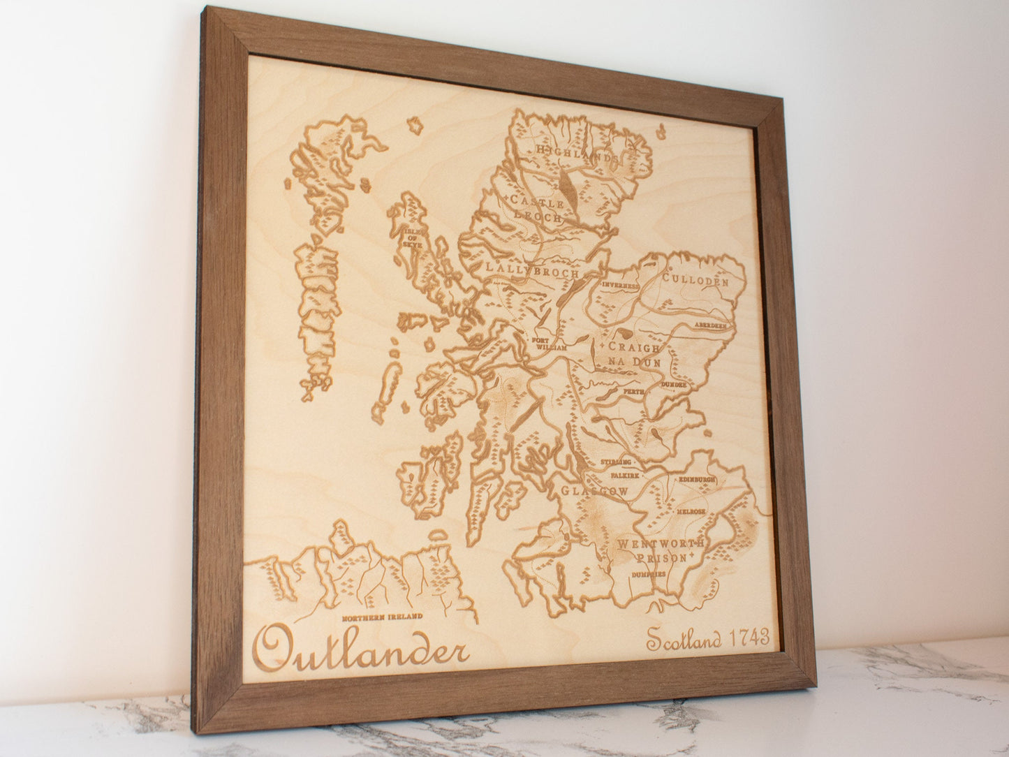 Outlander Map, Wood Engraved Map of Scotland from the World of the Outlander Book/TV Show