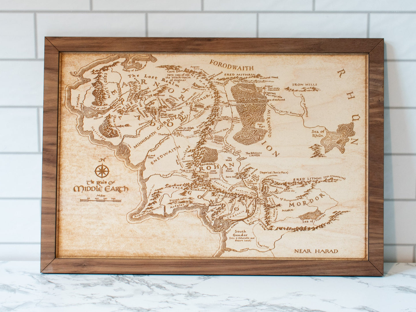 Lord of the Rings Middle Earth Map, Wood Engraved Map of The Hobbit / LOTR